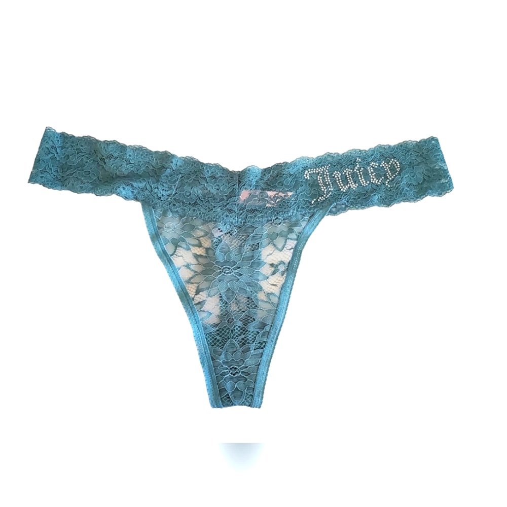 Juicy Couture Intimate Rhinestone Lace Thong Panty  Bling Logo Dark Turquoise XL